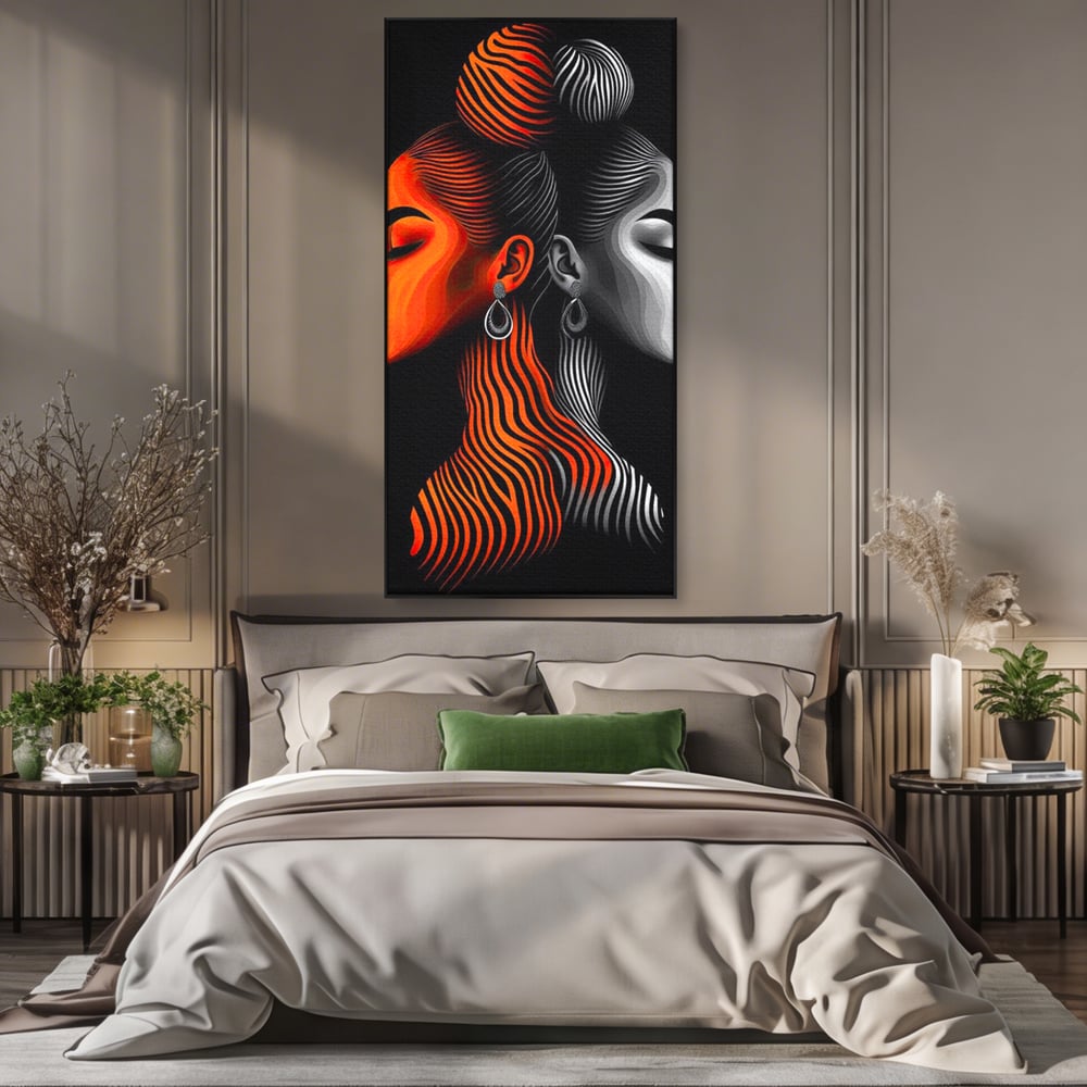 Tablou Canvas Premium, LuxCanva® G1161, Yin si Yang Feminin, Dualitate, Fete, Frumusete, Foc, Gheata, Opozitie, Dubla, Identitate, Lumini, Umbre, Stilizat, Armonie, Birou, Living, Dormitor