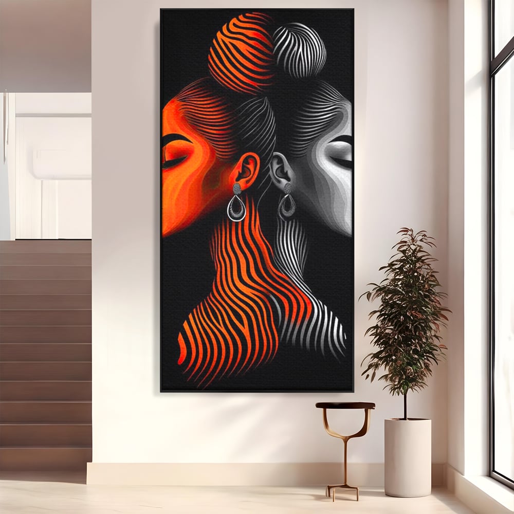 Tablou Canvas Premium, LuxCanva® G1161, Yin si Yang Feminin, Dualitate, Fete, Frumusete, Foc, Gheata, Opozitie, Dubla, Identitate, Lumini, Umbre, Stilizat, Armonie, Birou, Living, Dormitor
