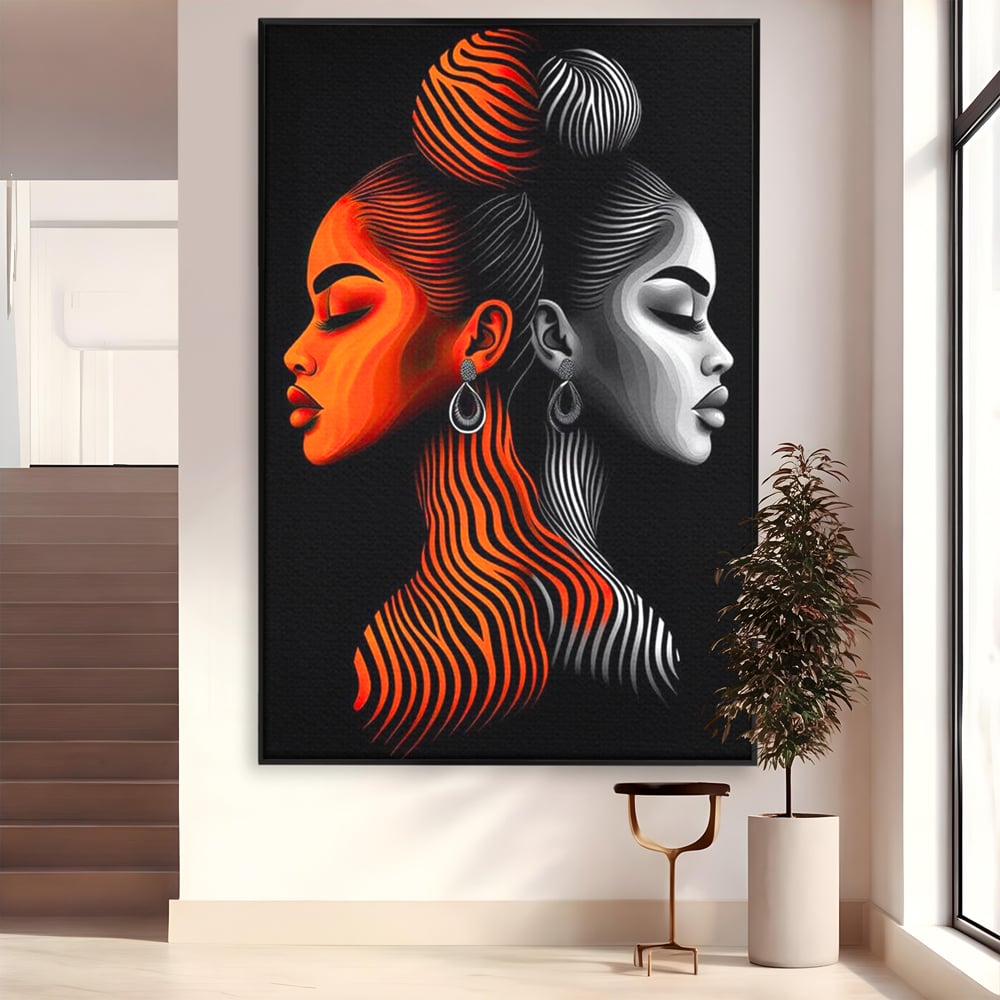Tablou Canvas Premium, LuxCanva® G1161, Yin si Yang Feminin, Dualitate, Fete, Frumusete, Foc, Gheata, Opozitie, Dubla, Identitate, Lumini, Umbre, Stilizat, Armonie, Birou, Living, Dormitor