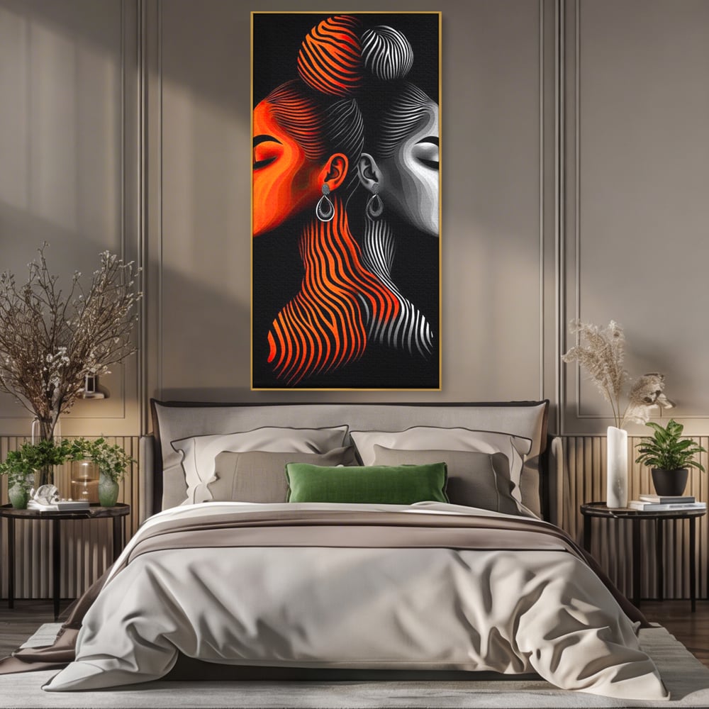 Tablou Canvas Premium, LuxCanva® G1161, Yin si Yang Feminin, Dualitate, Fete, Frumusete, Foc, Gheata, Opozitie, Dubla, Identitate, Lumini, Umbre, Stilizat, Armonie, Birou, Living, Dormitor