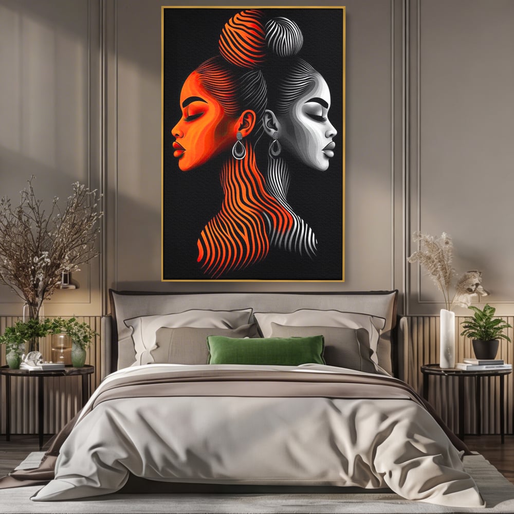 Tablou Canvas Premium, LuxCanva® G1161, Yin si Yang Feminin, Dualitate, Fete, Frumusete, Foc, Gheata, Opozitie, Dubla, Identitate, Lumini, Umbre, Stilizat, Armonie, Birou, Living, Dormitor