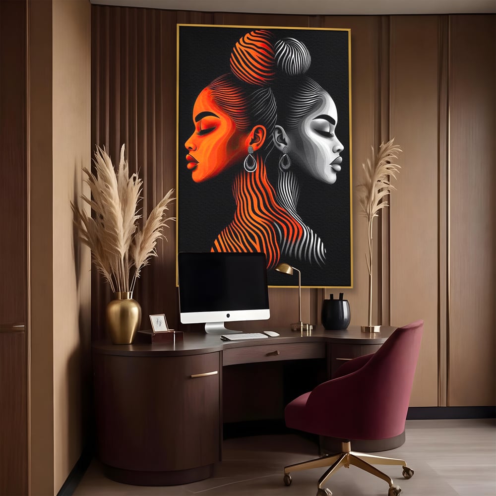 Tablou Canvas Premium, LuxCanva® G1161, Yin si Yang Feminin, Dualitate, Fete, Frumusete, Foc, Gheata, Opozitie, Dubla, Identitate, Lumini, Umbre, Stilizat, Armonie, Birou, Living, Dormitor