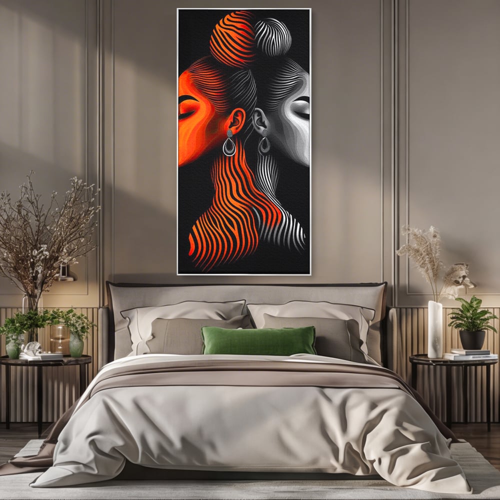 Tablou Canvas Premium, LuxCanva® G1161, Yin si Yang Feminin, Dualitate, Fete, Frumusete, Foc, Gheata, Opozitie, Dubla, Identitate, Lumini, Umbre, Stilizat, Armonie, Birou, Living, Dormitor