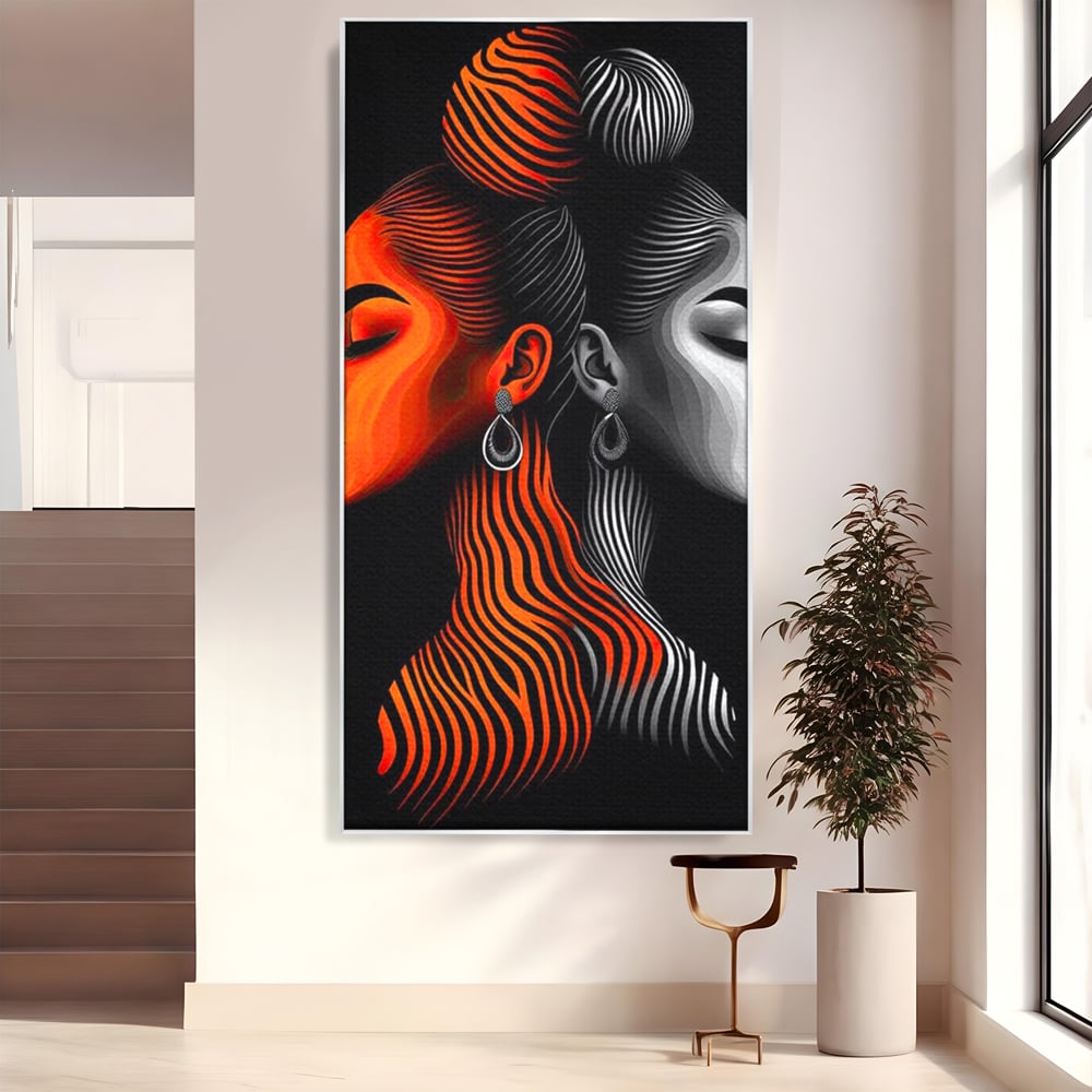 Tablou Canvas Premium, LuxCanva® G1161, Yin si Yang Feminin, Dualitate, Fete, Frumusete, Foc, Gheata, Opozitie, Dubla, Identitate, Lumini, Umbre, Stilizat, Armonie, Birou, Living, Dormitor