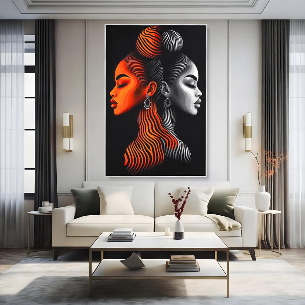 Tablou Canvas Premium, LuxCanva® G1161, Yin si Yang Feminin, Dualitate, Fete, Frumusete, Foc, Gheata, Opozitie, Dubla, Identitate, Lumini, Umbre, Stilizat, Armonie, Birou, Living, Dormitor
