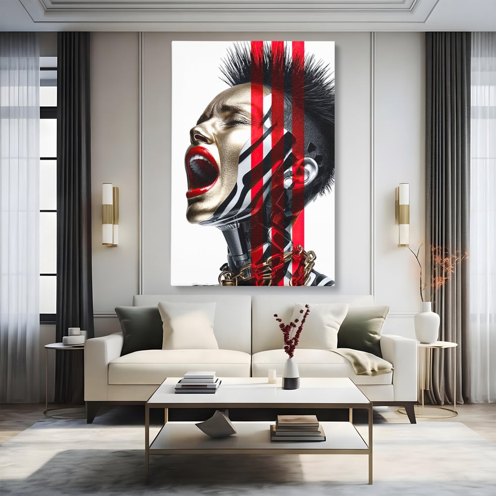 Tablou Canvas Premium, LuxCanva® G1162, Puterea Libertatii, Strigat, Viitor, Lanturi, Futurist, Rosu, Alb, Negru, Pasiune, Revolta, Punk, Metal, Urban, Rebeliune, Spirit, Birou, Living, Dormitor