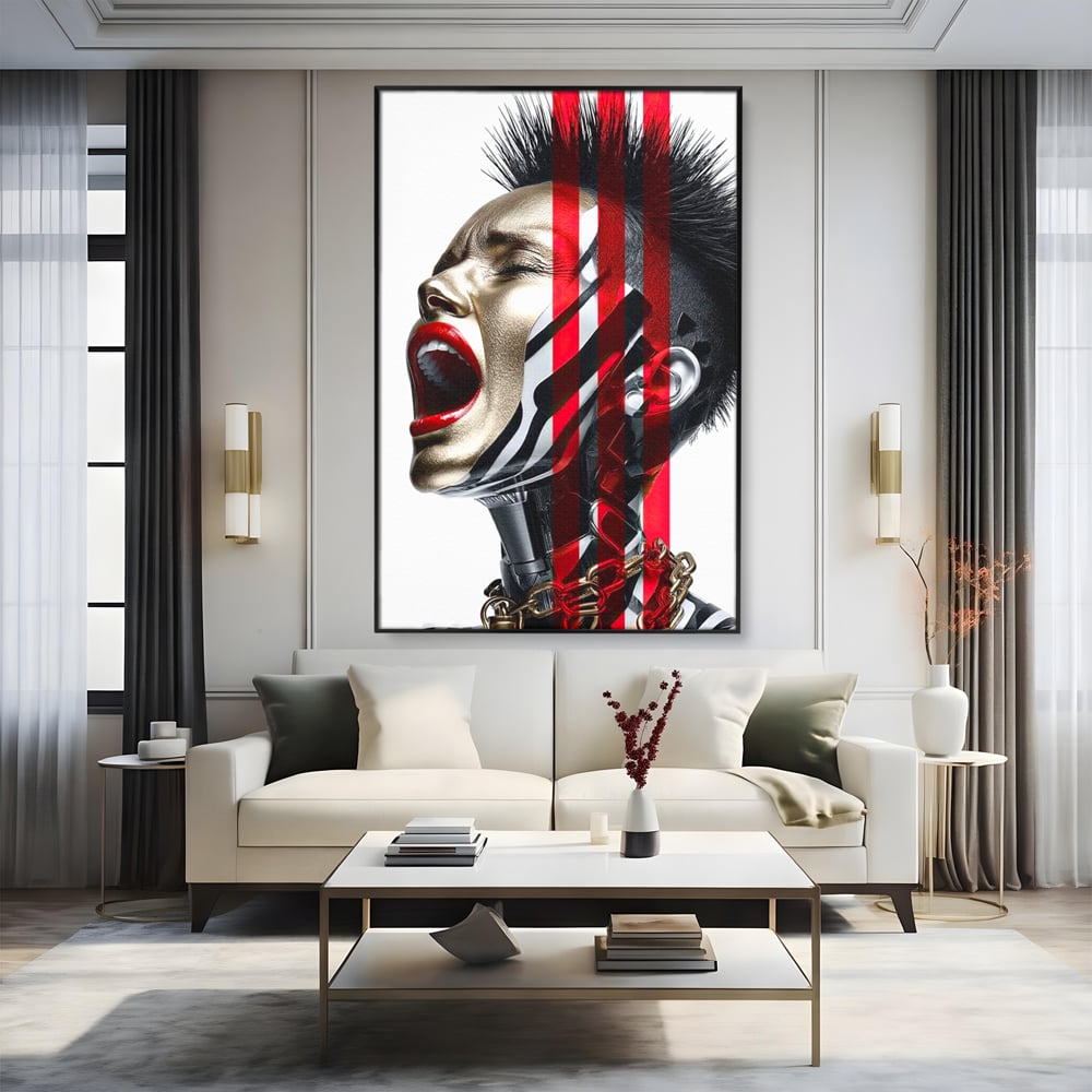 Tablou Canvas Premium, LuxCanva® G1162, Puterea Libertatii, Strigat, Viitor, Lanturi, Futurist, Rosu, Alb, Negru, Pasiune, Revolta, Punk, Metal, Urban, Rebeliune, Spirit, Birou, Living, Dormitor