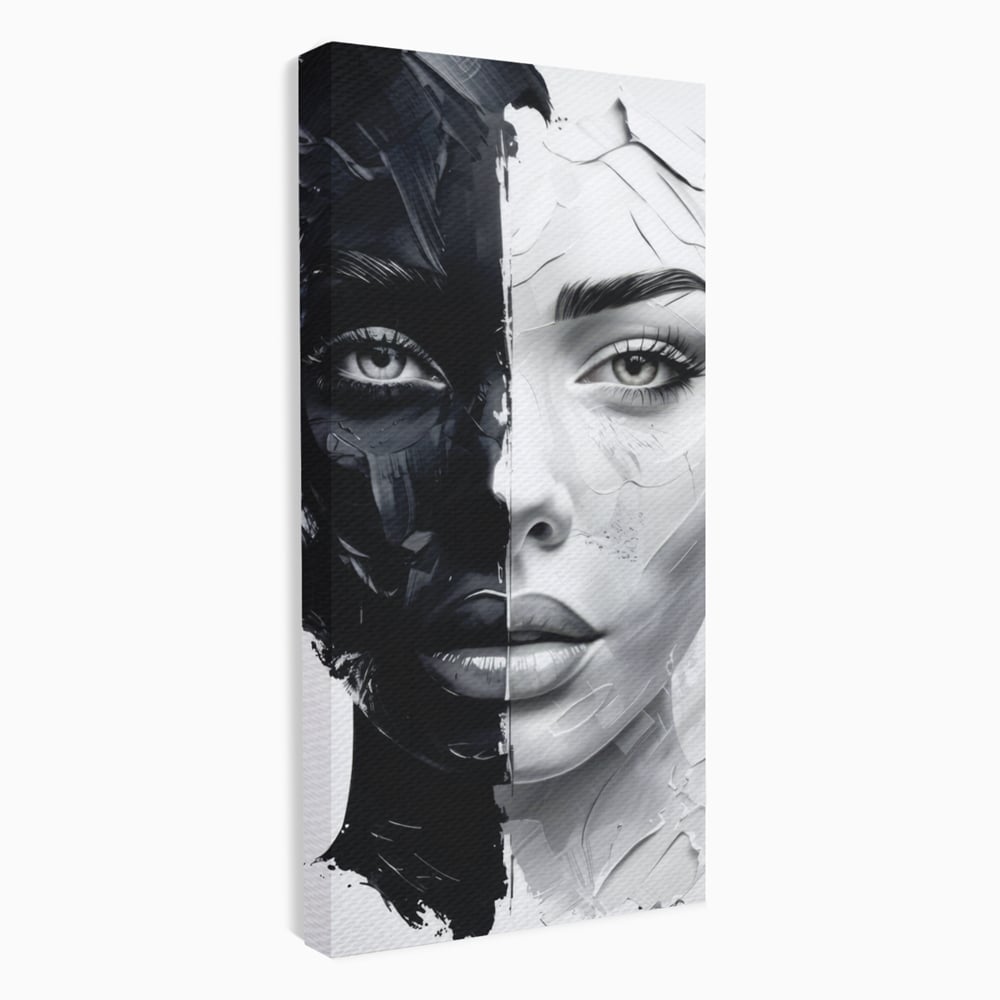 Tablou Canvas Premium, LuxCanva® G1163, Doua Fete, Un Suflet, Dualitate, Alb, Negru, Monocrom, Yin, Yang, Lumina, Impact, Negura, Armonie, Chipuri, Femei, Inima, Birou, Living, Dormitor