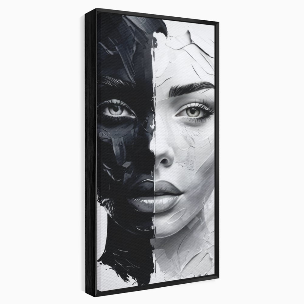 Tablou Canvas Premium, LuxCanva® G1163, Doua Fete, Un Suflet, Dualitate, Alb, Negru, Monocrom, Yin, Yang, Lumina, Impact, Negura, Armonie, Chipuri, Femei, Inima, Birou, Living, Dormitor