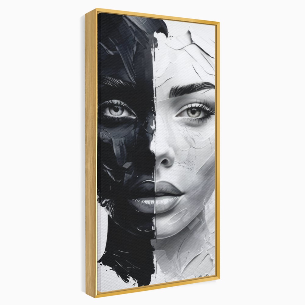 Tablou Canvas Premium, LuxCanva® G1163, Doua Fete, Un Suflet, Dualitate, Alb, Negru, Monocrom, Yin, Yang, Lumina, Impact, Negura, Armonie, Chipuri, Femei, Inima, Birou, Living, Dormitor