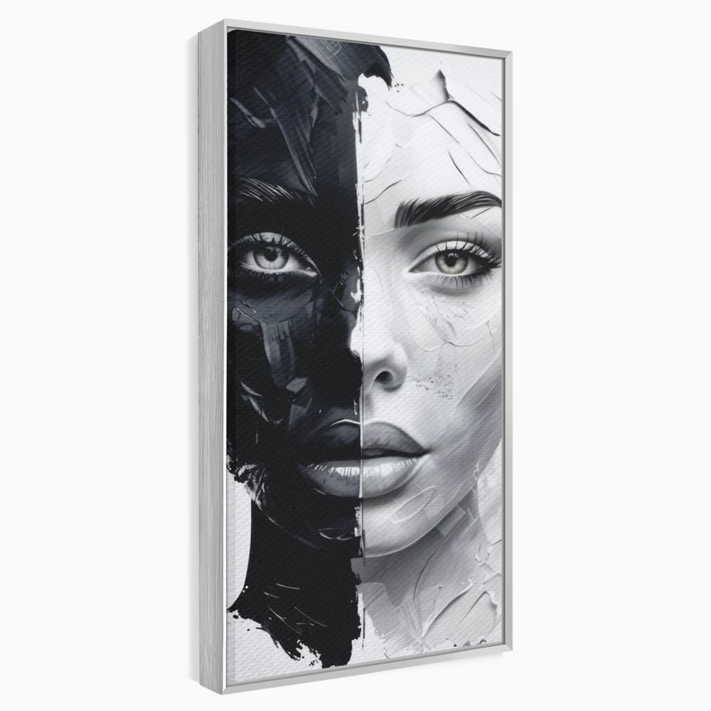 Tablou Canvas Premium, LuxCanva® G1163, Doua Fete, Un Suflet, Dualitate, Alb, Negru, Monocrom, Yin, Yang, Lumina, Impact, Negura, Armonie, Chipuri, Femei, Inima, Birou, Living, Dormitor