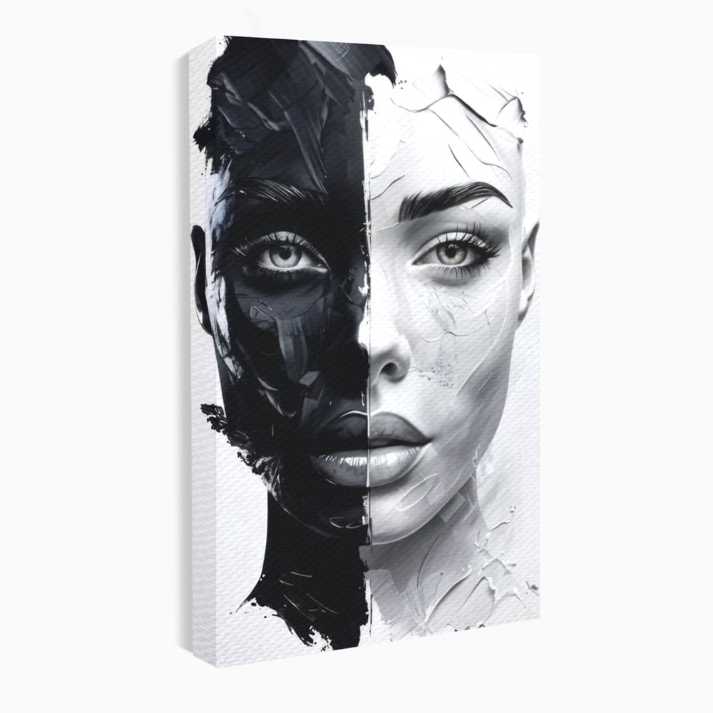 Tablou Canvas Premium, LuxCanva® G1163, Doua Fete, Un Suflet, Dualitate, Alb, Negru, Monocrom, Yin, Yang, Lumina, Impact, Negura, Armonie, Chipuri, Femei, Inima, Birou, Living, Dormitor