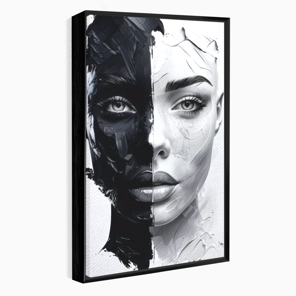 Tablou Canvas Premium, LuxCanva® G1163, Doua Fete, Un Suflet, Dualitate, Alb, Negru, Monocrom, Yin, Yang, Lumina, Impact, Negura, Armonie, Chipuri, Femei, Inima, Birou, Living, Dormitor