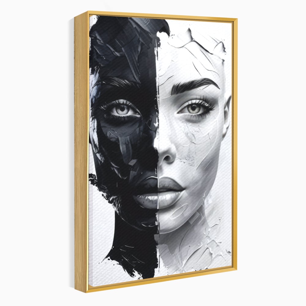 Tablou Canvas Premium, LuxCanva® G1163, Doua Fete, Un Suflet, Dualitate, Alb, Negru, Monocrom, Yin, Yang, Lumina, Impact, Negura, Armonie, Chipuri, Femei, Inima, Birou, Living, Dormitor