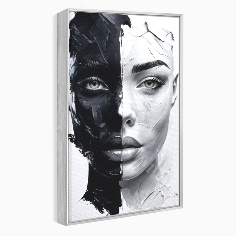 Tablou Canvas Premium, LuxCanva® G1163, Doua Fete, Un Suflet, Dualitate, Alb, Negru, Monocrom, Yin, Yang, Lumina, Impact, Negura, Armonie, Chipuri, Femei, Inima, Birou, Living, Dormitor