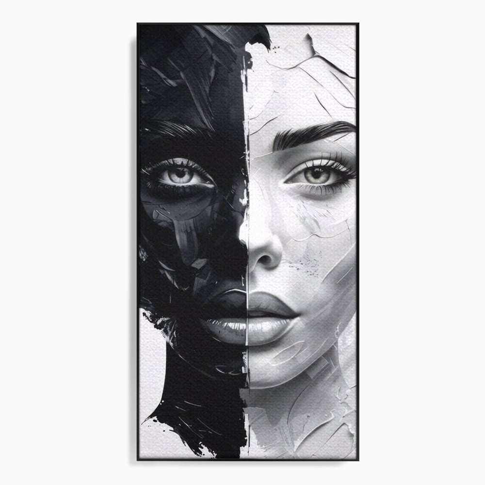 Tablou Canvas Premium, LuxCanva® G1163, Doua Fete, Un Suflet, Dualitate, Alb, Negru, Monocrom, Yin, Yang, Lumina, Impact, Negura, Armonie, Chipuri, Femei, Inima, Birou, Living, Dormitor