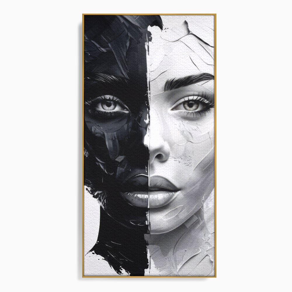 Tablou Canvas Premium, LuxCanva® G1163, Doua Fete, Un Suflet, Dualitate, Alb, Negru, Monocrom, Yin, Yang, Lumina, Impact, Negura, Armonie, Chipuri, Femei, Inima, Birou, Living, Dormitor