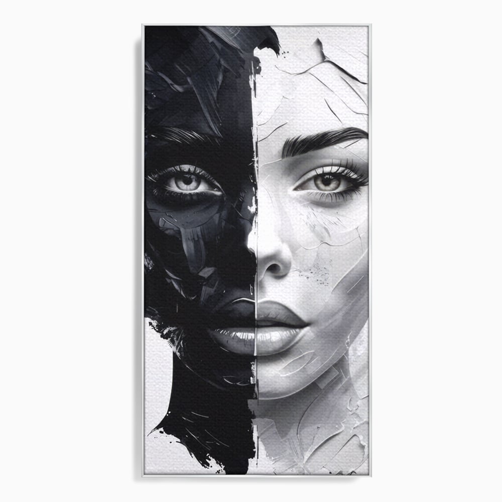 Tablou Canvas Premium, LuxCanva® G1163, Doua Fete, Un Suflet, Dualitate, Alb, Negru, Monocrom, Yin, Yang, Lumina, Impact, Negura, Armonie, Chipuri, Femei, Inima, Birou, Living, Dormitor