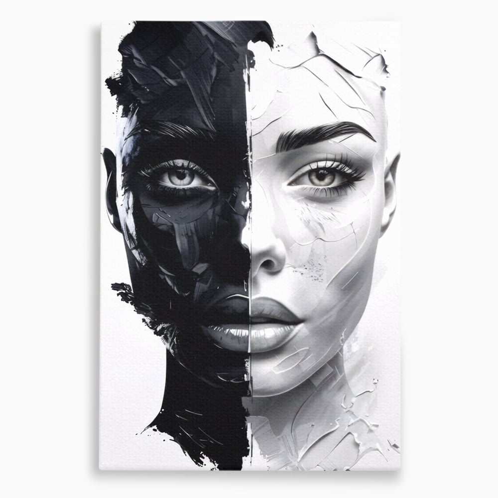 Tablou Canvas Premium, LuxCanva® G1163, Doua Fete, Un Suflet, Dualitate, Alb, Negru, Monocrom, Yin, Yang, Lumina, Impact, Negura, Armonie, Chipuri, Femei, Inima, Birou, Living, Dormitor