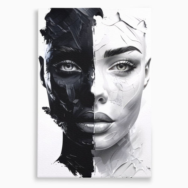 Tablou Canvas Premium, LuxCanva® G1163, Doua Fete, Un Suflet, Dualitate, Alb, Negru, Monocrom, Yin, Yang, Lumina, Impact, Negura, Armonie, Chipuri, Femei, Inima, Birou, Living, Dormitor