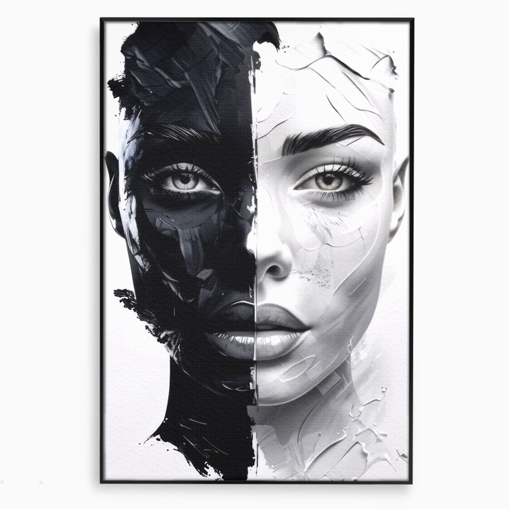 Tablou Canvas Premium, LuxCanva® G1163, Doua Fete, Un Suflet, Dualitate, Alb, Negru, Monocrom, Yin, Yang, Lumina, Impact, Negura, Armonie, Chipuri, Femei, Inima, Birou, Living, Dormitor