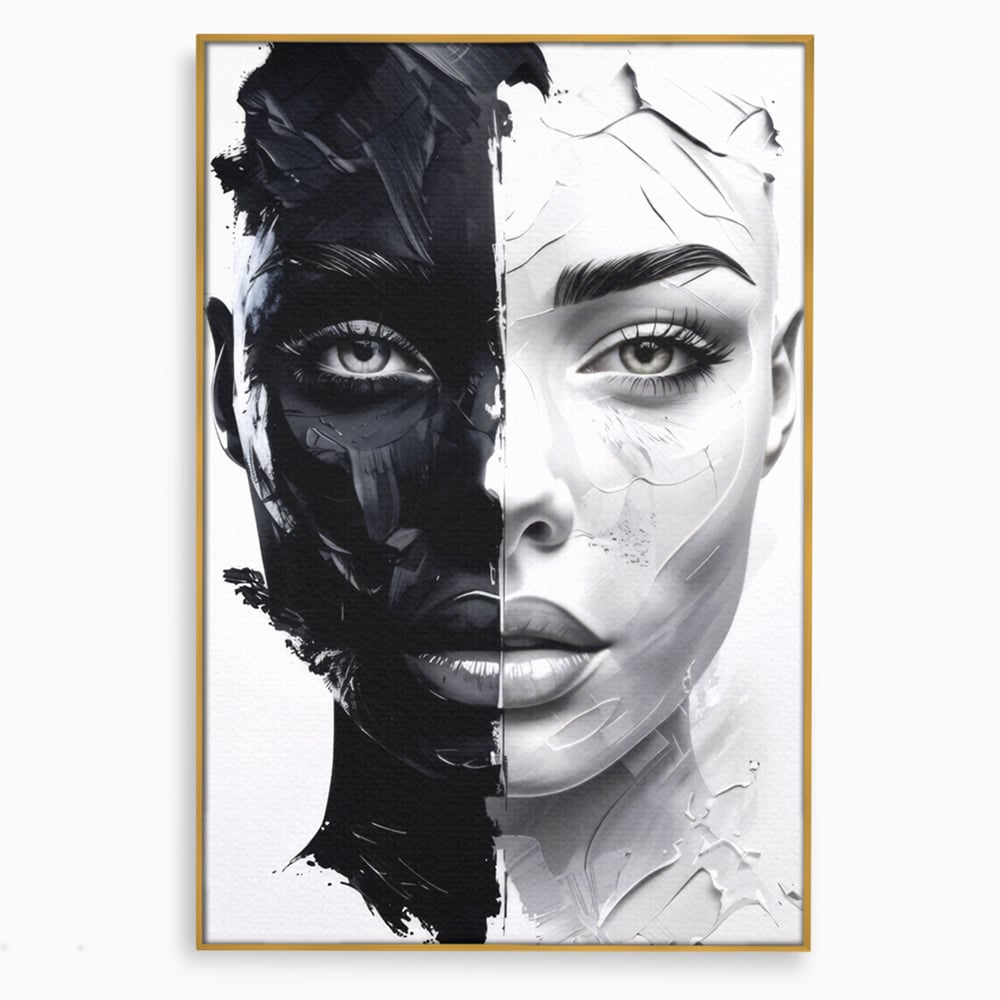 Tablou Canvas Premium, LuxCanva® G1163, Doua Fete, Un Suflet, Dualitate, Alb, Negru, Monocrom, Yin, Yang, Lumina, Impact, Negura, Armonie, Chipuri, Femei, Inima, Birou, Living, Dormitor