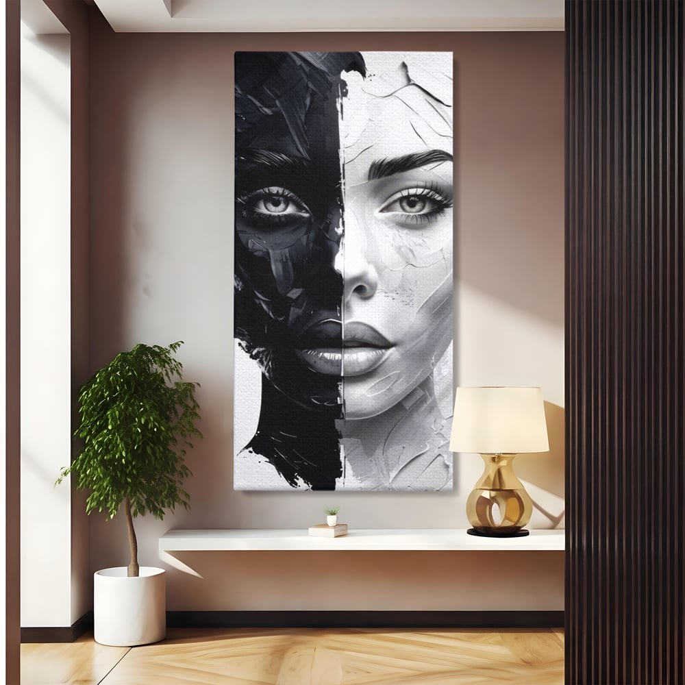 Tablou Canvas Premium, LuxCanva® G1163, Doua Fete, Un Suflet, Dualitate, Alb, Negru, Monocrom, Yin, Yang, Lumina, Impact, Negura, Armonie, Chipuri, Femei, Inima, Birou, Living, Dormitor