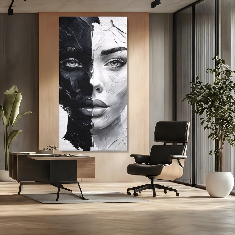 Tablou Canvas Premium, LuxCanva® G1163, Doua Fete, Un Suflet, Dualitate, Alb, Negru, Monocrom, Yin, Yang, Lumina, Impact, Negura, Armonie, Chipuri, Femei, Inima, Birou, Living, Dormitor