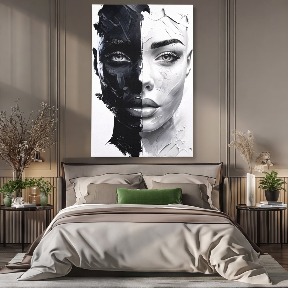 Tablou Canvas Premium, LuxCanva® G1163, Doua Fete, Un Suflet, Dualitate, Alb, Negru, Monocrom, Yin, Yang, Lumina, Impact, Negura, Armonie, Chipuri, Femei, Inima, Birou, Living, Dormitor