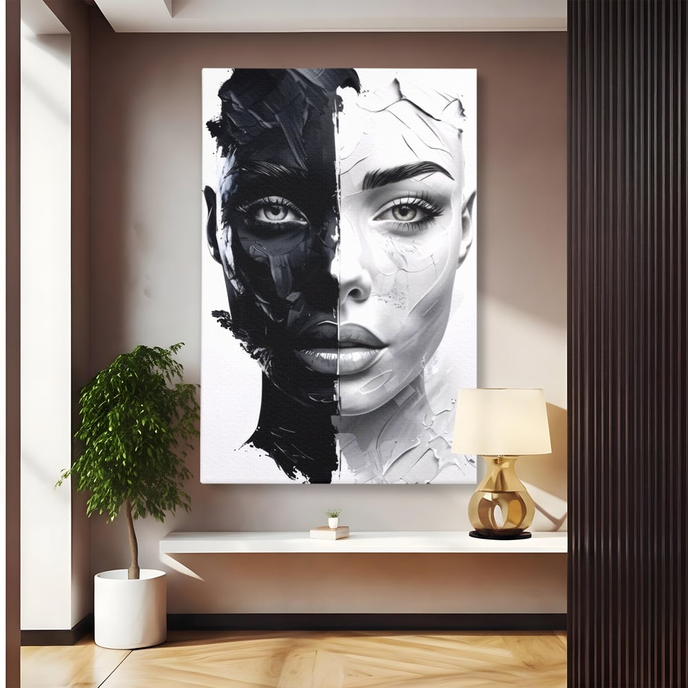 Tablou Canvas Premium, LuxCanva® G1163, Doua Fete, Un Suflet, Dualitate, Alb, Negru, Monocrom, Yin, Yang, Lumina, Impact, Negura, Armonie, Chipuri, Femei, Inima, Birou, Living, Dormitor