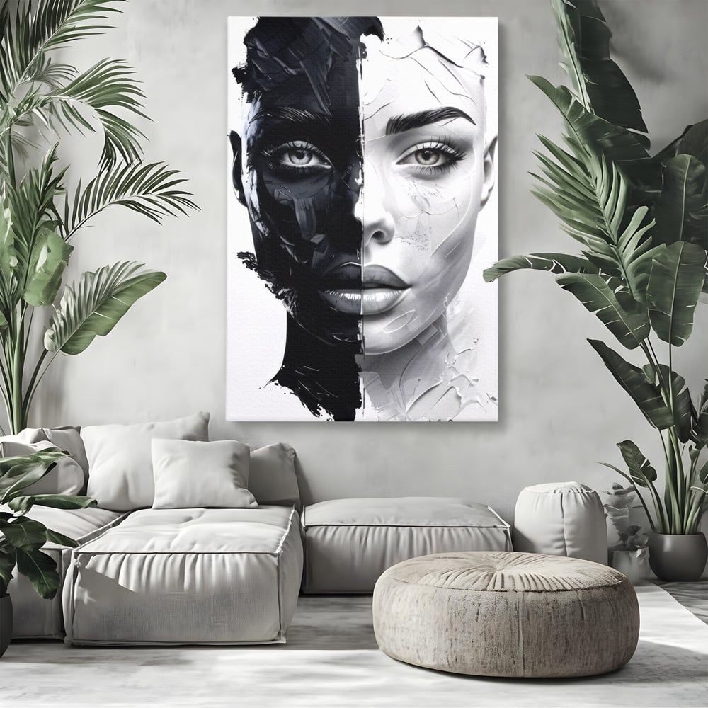 Tablou Canvas Premium, LuxCanva® G1163, Doua Fete, Un Suflet, Dualitate, Alb, Negru, Monocrom, Yin, Yang, Lumina, Impact, Negura, Armonie, Chipuri, Femei, Inima, Birou, Living, Dormitor