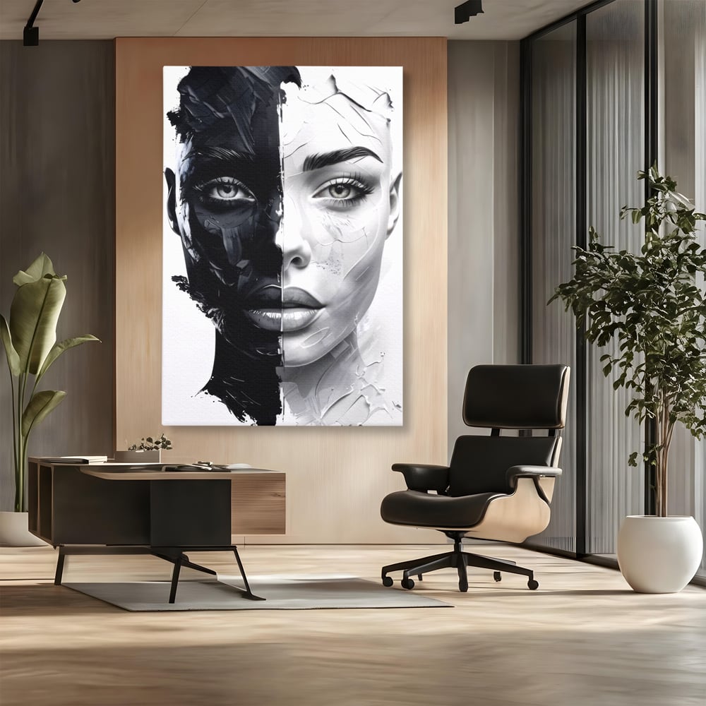 Tablou Canvas Premium, LuxCanva® G1163, Doua Fete, Un Suflet, Dualitate, Alb, Negru, Monocrom, Yin, Yang, Lumina, Impact, Negura, Armonie, Chipuri, Femei, Inima, Birou, Living, Dormitor