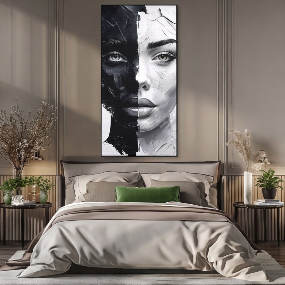 Tablou Canvas Premium, LuxCanva® G1163, Doua Fete, Un Suflet, Dualitate, Alb, Negru, Monocrom, Yin, Yang, Lumina, Impact, Negura, Armonie, Chipuri, Femei, Inima, Birou, Living, Dormitor