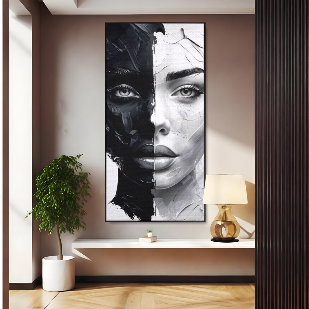 Tablou Canvas Premium, LuxCanva® G1163, Doua Fete, Un Suflet, Dualitate, Alb, Negru, Monocrom, Yin, Yang, Lumina, Impact, Negura, Armonie, Chipuri, Femei, Inima, Birou, Living, Dormitor