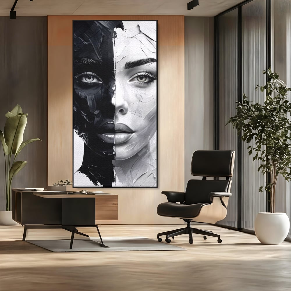 Tablou Canvas Premium, LuxCanva® G1163, Doua Fete, Un Suflet, Dualitate, Alb, Negru, Monocrom, Yin, Yang, Lumina, Impact, Negura, Armonie, Chipuri, Femei, Inima, Birou, Living, Dormitor