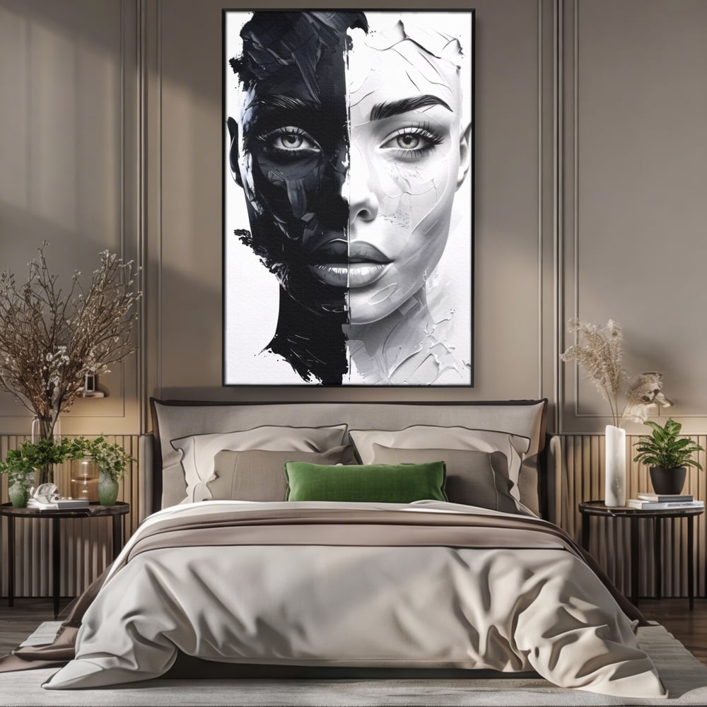 Tablou Canvas Premium, LuxCanva® G1163, Doua Fete, Un Suflet, Dualitate, Alb, Negru, Monocrom, Yin, Yang, Lumina, Impact, Negura, Armonie, Chipuri, Femei, Inima, Birou, Living, Dormitor