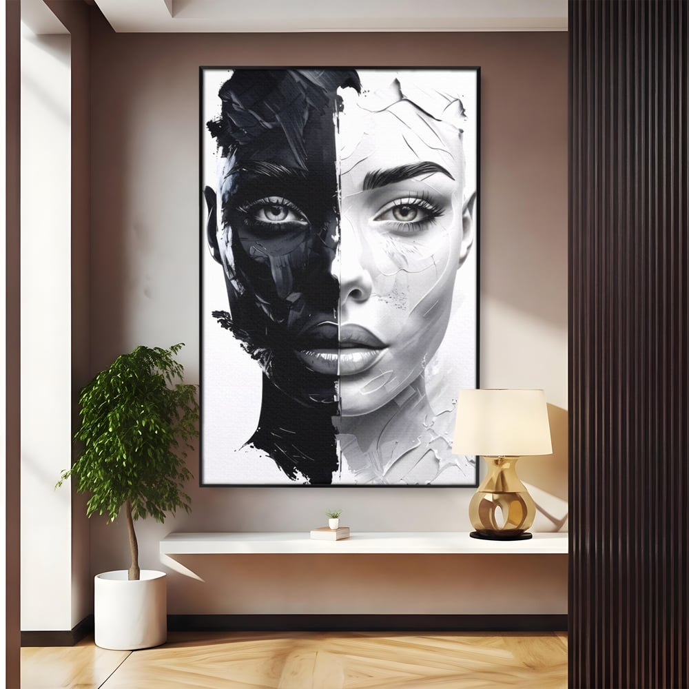 Tablou Canvas Premium, LuxCanva® G1163, Doua Fete, Un Suflet, Dualitate, Alb, Negru, Monocrom, Yin, Yang, Lumina, Impact, Negura, Armonie, Chipuri, Femei, Inima, Birou, Living, Dormitor