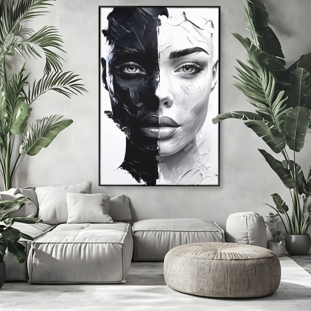 Tablou Canvas Premium, LuxCanva® G1163, Doua Fete, Un Suflet, Dualitate, Alb, Negru, Monocrom, Yin, Yang, Lumina, Impact, Negura, Armonie, Chipuri, Femei, Inima, Birou, Living, Dormitor