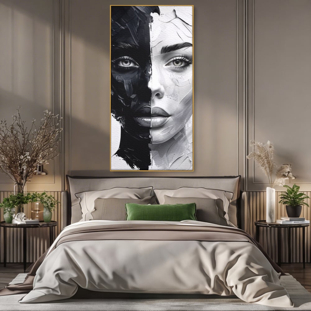 Tablou Canvas Premium, LuxCanva® G1163, Doua Fete, Un Suflet, Dualitate, Alb, Negru, Monocrom, Yin, Yang, Lumina, Impact, Negura, Armonie, Chipuri, Femei, Inima, Birou, Living, Dormitor