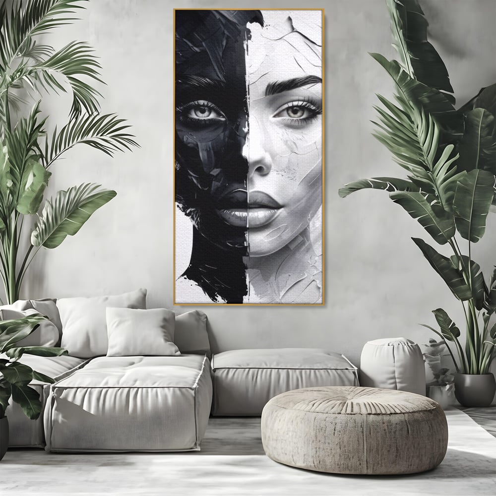 Tablou Canvas Premium, LuxCanva® G1163, Doua Fete, Un Suflet, Dualitate, Alb, Negru, Monocrom, Yin, Yang, Lumina, Impact, Negura, Armonie, Chipuri, Femei, Inima, Birou, Living, Dormitor