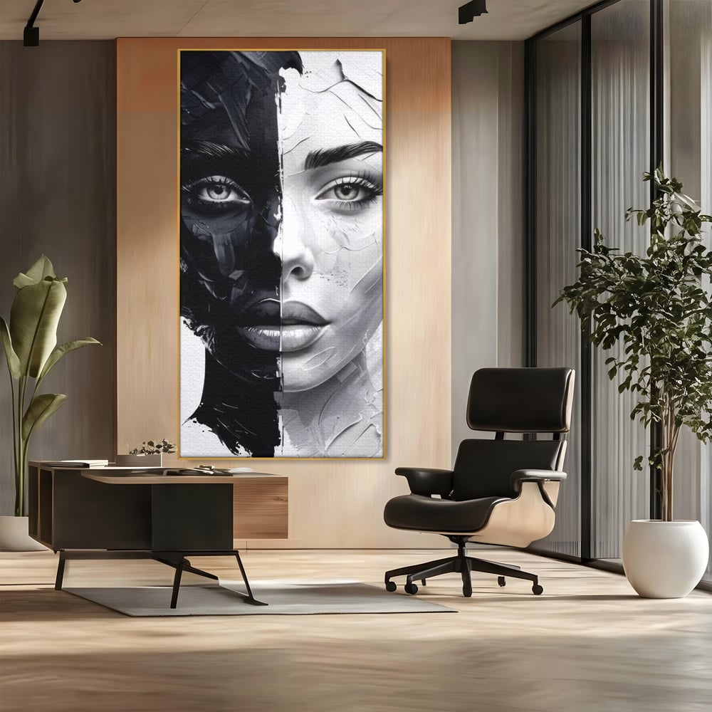 Tablou Canvas Premium, LuxCanva® G1163, Doua Fete, Un Suflet, Dualitate, Alb, Negru, Monocrom, Yin, Yang, Lumina, Impact, Negura, Armonie, Chipuri, Femei, Inima, Birou, Living, Dormitor