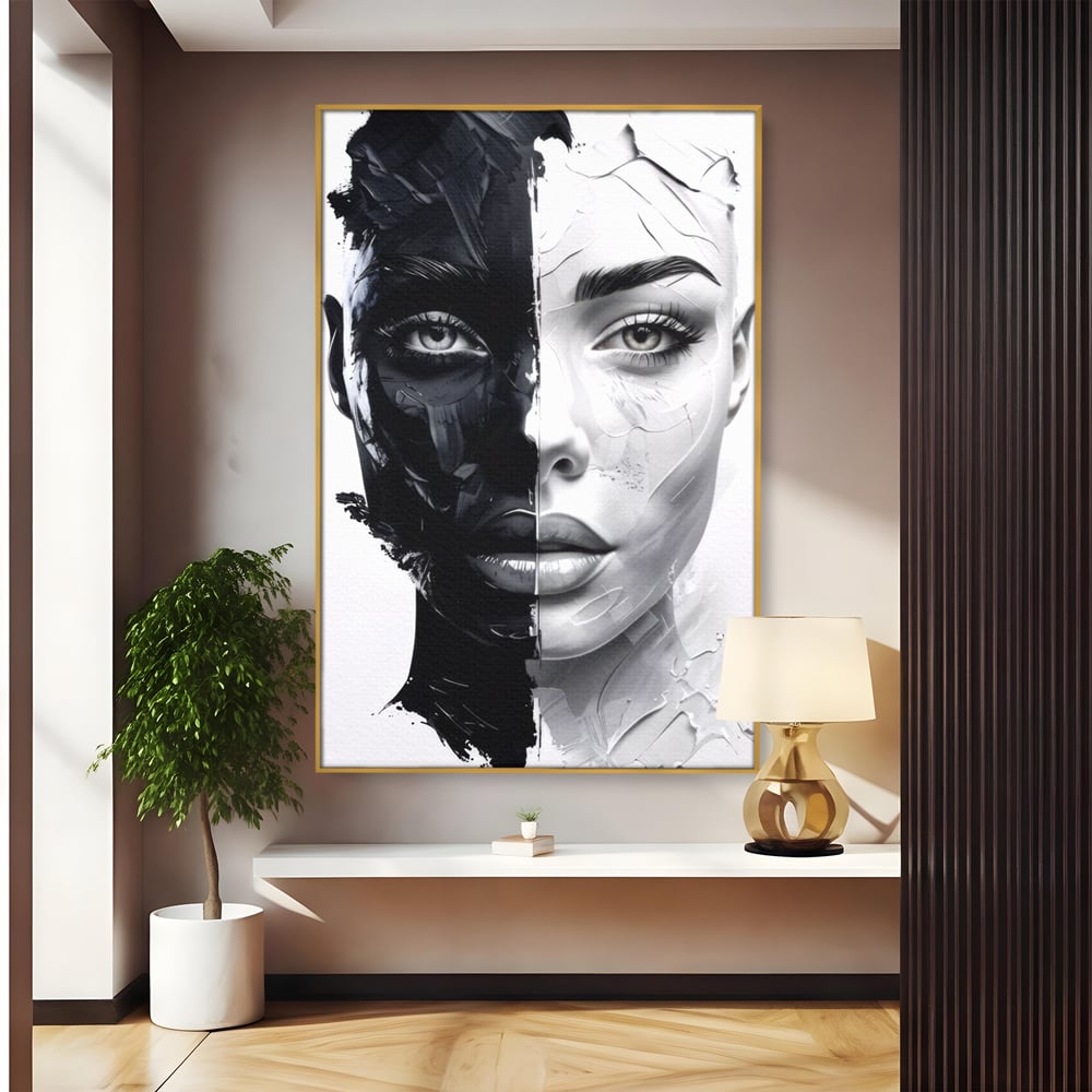 Tablou Canvas Premium, LuxCanva® G1163, Doua Fete, Un Suflet, Dualitate, Alb, Negru, Monocrom, Yin, Yang, Lumina, Impact, Negura, Armonie, Chipuri, Femei, Inima, Birou, Living, Dormitor