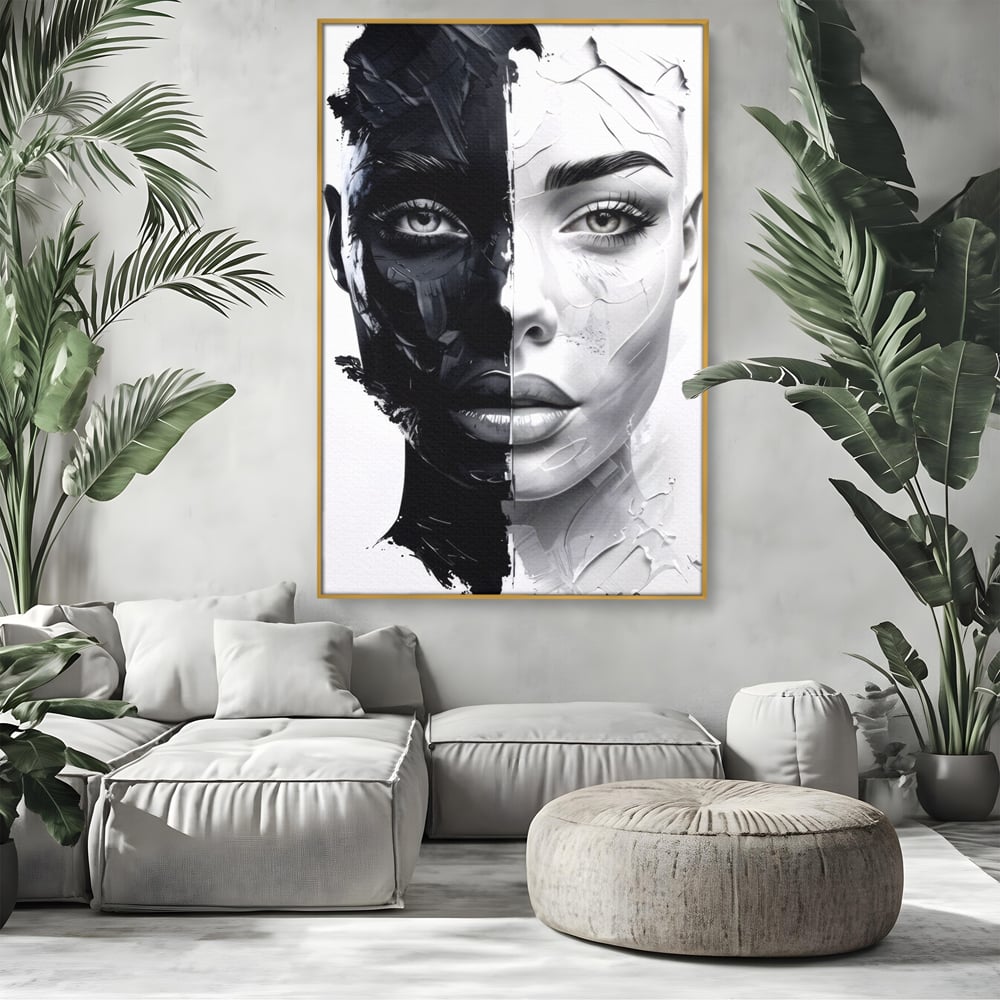 Tablou Canvas Premium, LuxCanva® G1163, Doua Fete, Un Suflet, Dualitate, Alb, Negru, Monocrom, Yin, Yang, Lumina, Impact, Negura, Armonie, Chipuri, Femei, Inima, Birou, Living, Dormitor