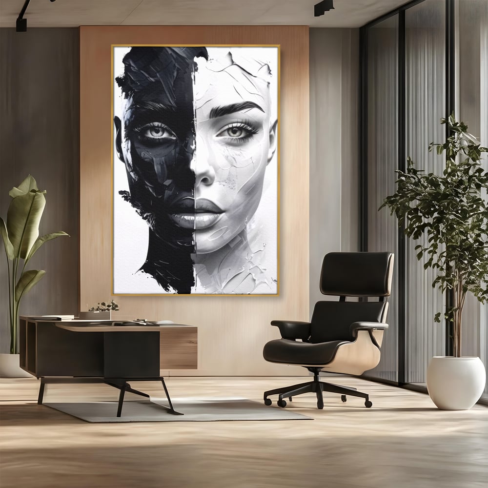 Tablou Canvas Premium, LuxCanva® G1163, Doua Fete, Un Suflet, Dualitate, Alb, Negru, Monocrom, Yin, Yang, Lumina, Impact, Negura, Armonie, Chipuri, Femei, Inima, Birou, Living, Dormitor