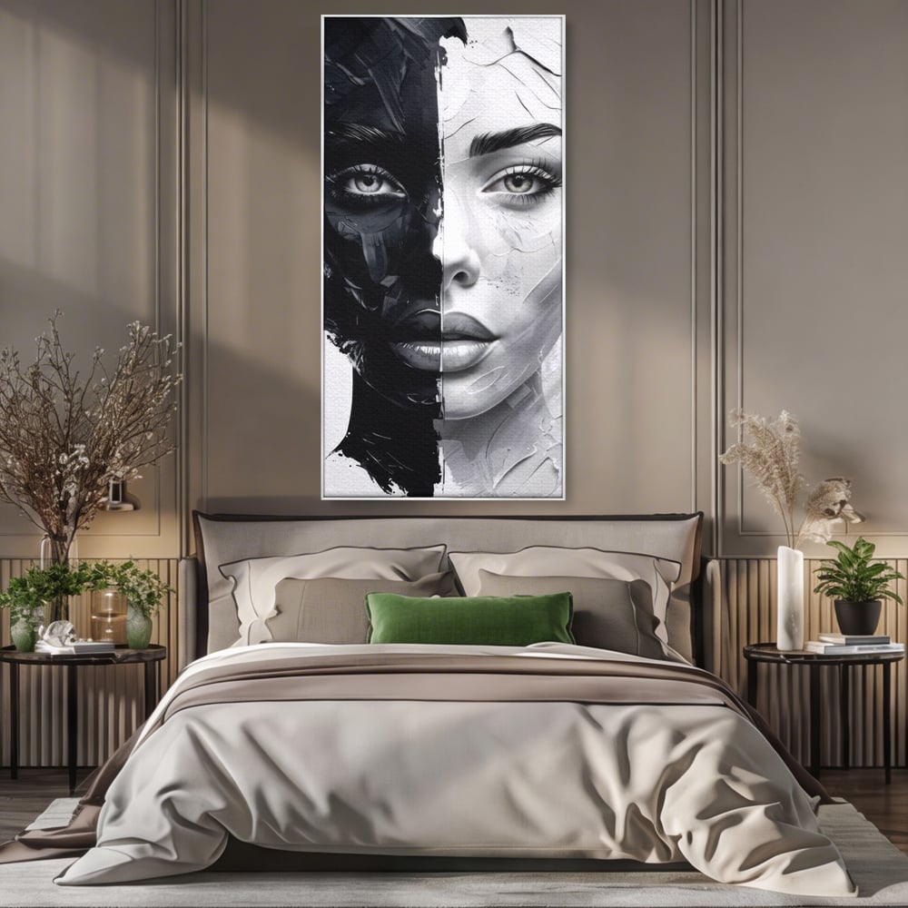 Tablou Canvas Premium, LuxCanva® G1163, Doua Fete, Un Suflet, Dualitate, Alb, Negru, Monocrom, Yin, Yang, Lumina, Impact, Negura, Armonie, Chipuri, Femei, Inima, Birou, Living, Dormitor