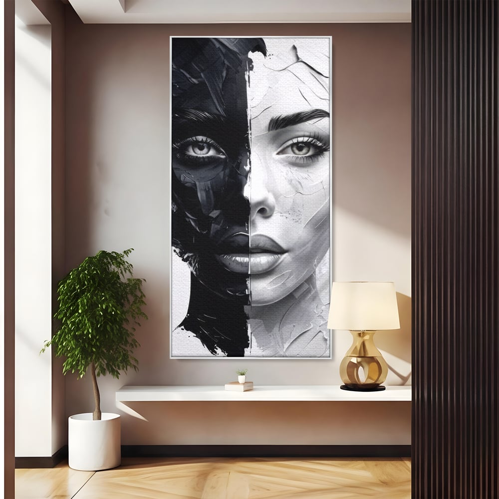 Tablou Canvas Premium, LuxCanva® G1163, Doua Fete, Un Suflet, Dualitate, Alb, Negru, Monocrom, Yin, Yang, Lumina, Impact, Negura, Armonie, Chipuri, Femei, Inima, Birou, Living, Dormitor