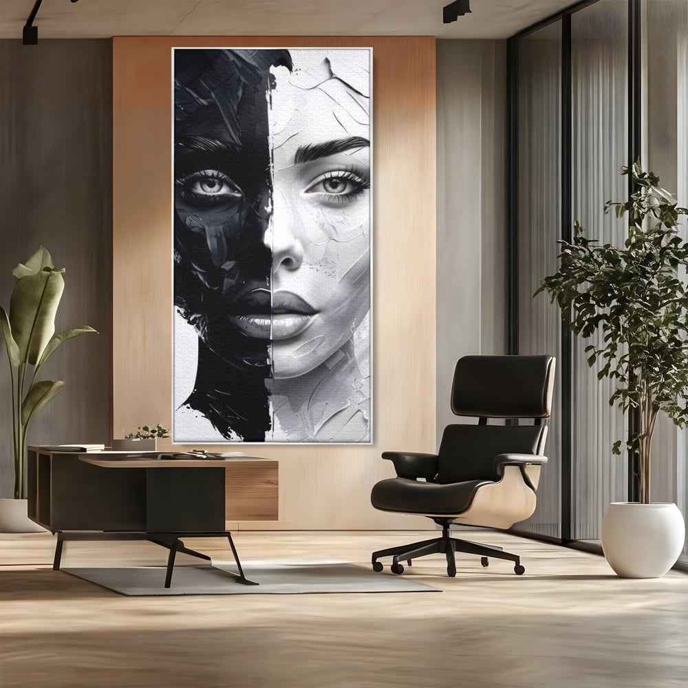 Tablou Canvas Premium, LuxCanva® G1163, Doua Fete, Un Suflet, Dualitate, Alb, Negru, Monocrom, Yin, Yang, Lumina, Impact, Negura, Armonie, Chipuri, Femei, Inima, Birou, Living, Dormitor
