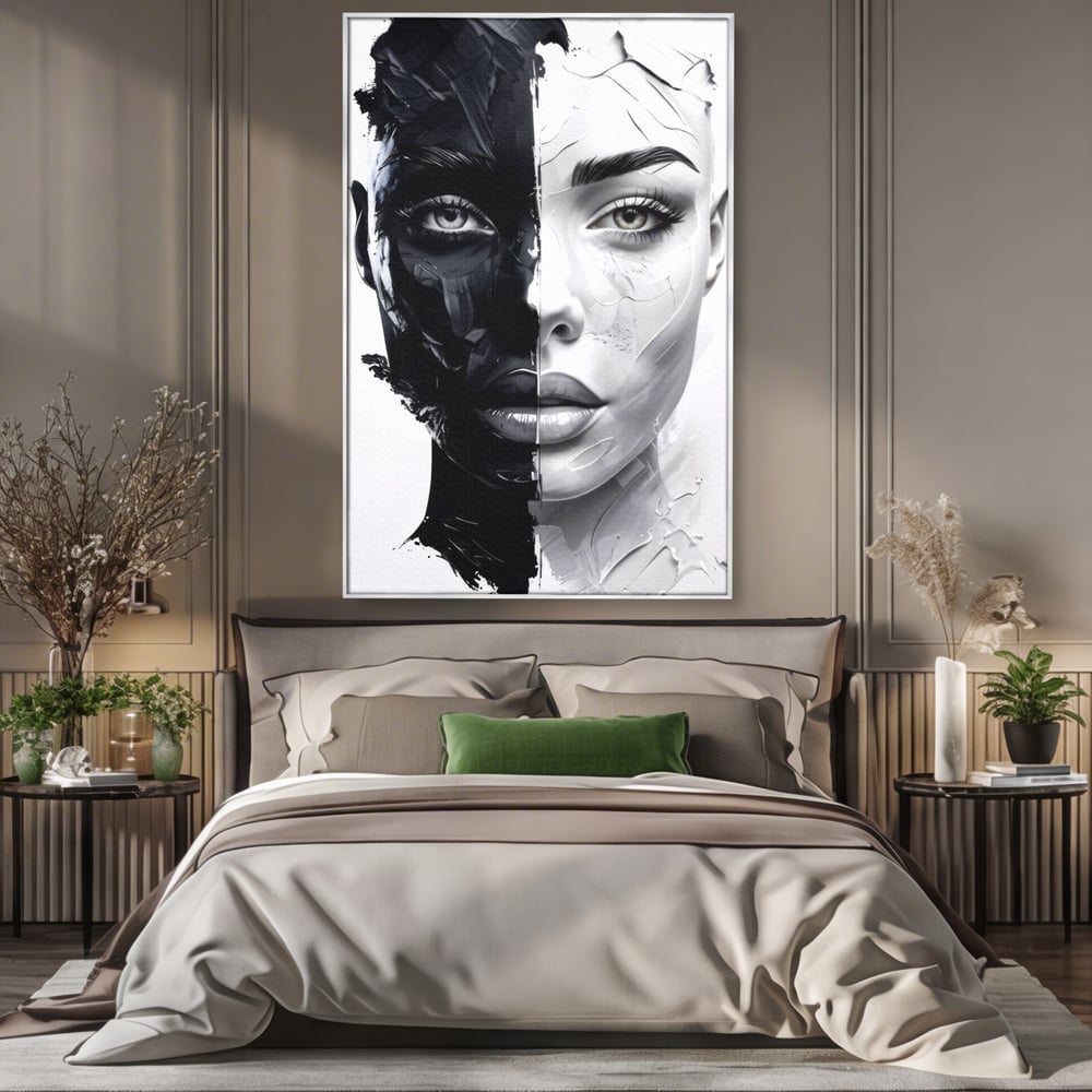 Tablou Canvas Premium, LuxCanva® G1163, Doua Fete, Un Suflet, Dualitate, Alb, Negru, Monocrom, Yin, Yang, Lumina, Impact, Negura, Armonie, Chipuri, Femei, Inima, Birou, Living, Dormitor