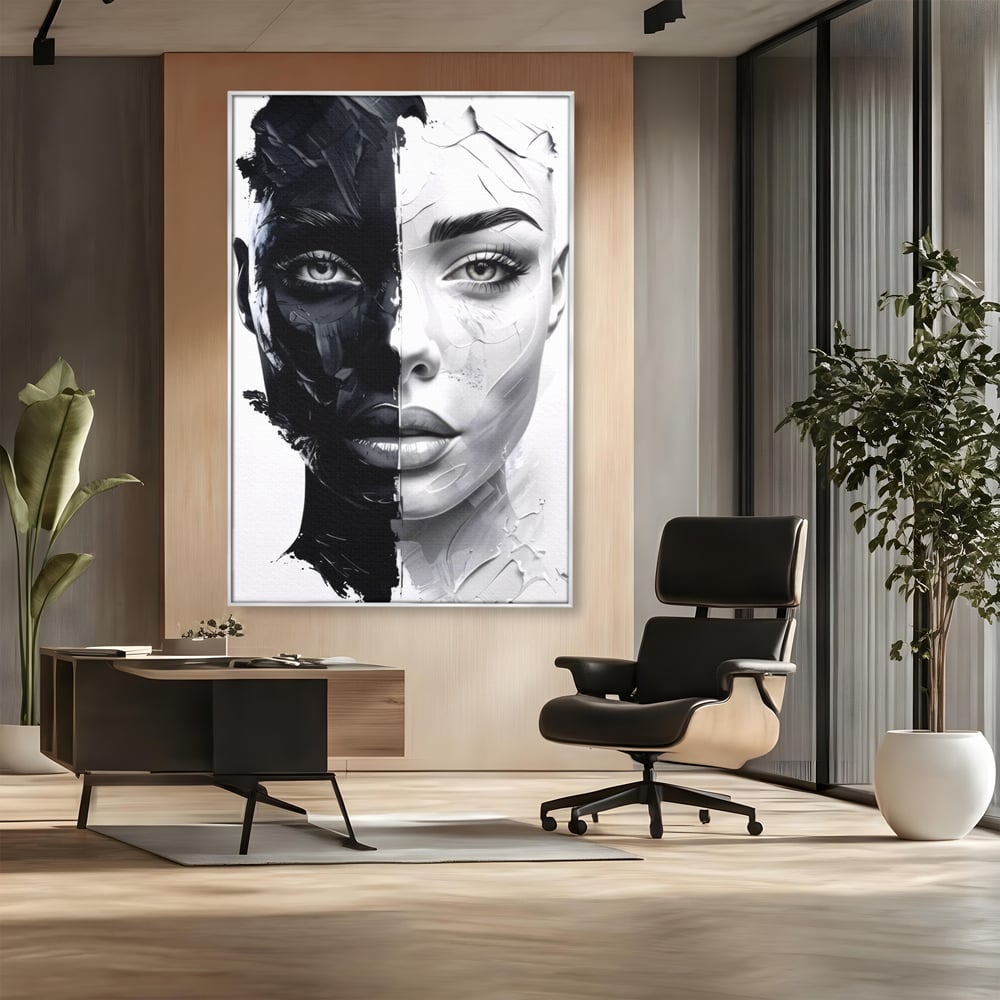 Tablou Canvas Premium, LuxCanva® G1163, Doua Fete, Un Suflet, Dualitate, Alb, Negru, Monocrom, Yin, Yang, Lumina, Impact, Negura, Armonie, Chipuri, Femei, Inima, Birou, Living, Dormitor