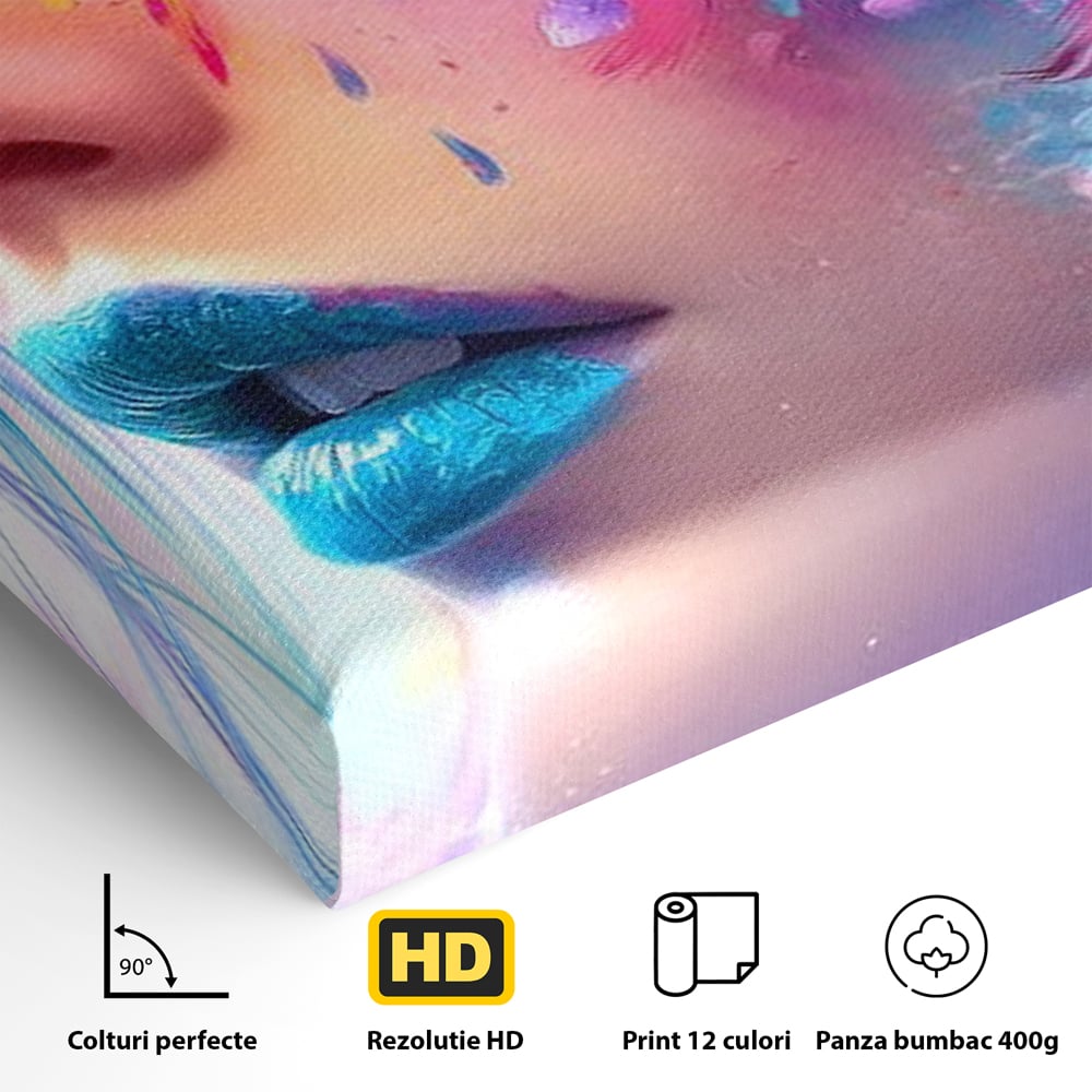 Tablou Canvas Premium, LuxCanva® G1164, Fantezie Florala, Cromatic, Culori, Vis, Explozie, Emotii, Floral, Pleoape, Albastre, Pene, Machiaj, Par, Artistic, Salon, Birou, Living, Dormitor